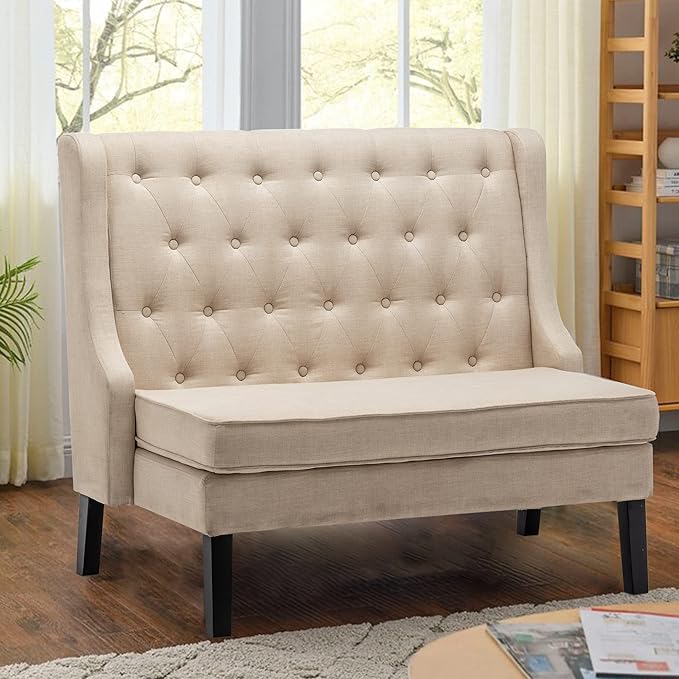 Tongli 46 Small Modern Loveseat Settee Sofa Linen Fabric 2-Seat Sofa Couch Tufted Love Seat Dining Bench with Back Upholstered Banquette Sofas for Living Room Bedroom Small Space Entryway Beige