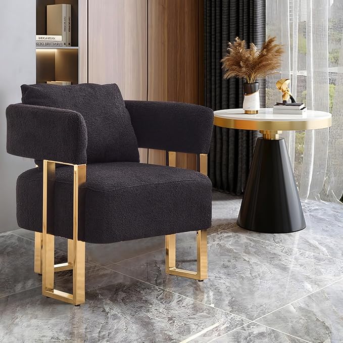 Oversized Black Teddy Accent Chair Modern Barrel Chair with Gold Legs Metal Frame Upholstered Armchair for Bedroom Living Room Sofa Chair Club Side Chairs Home/Business (Set of 2 Black)