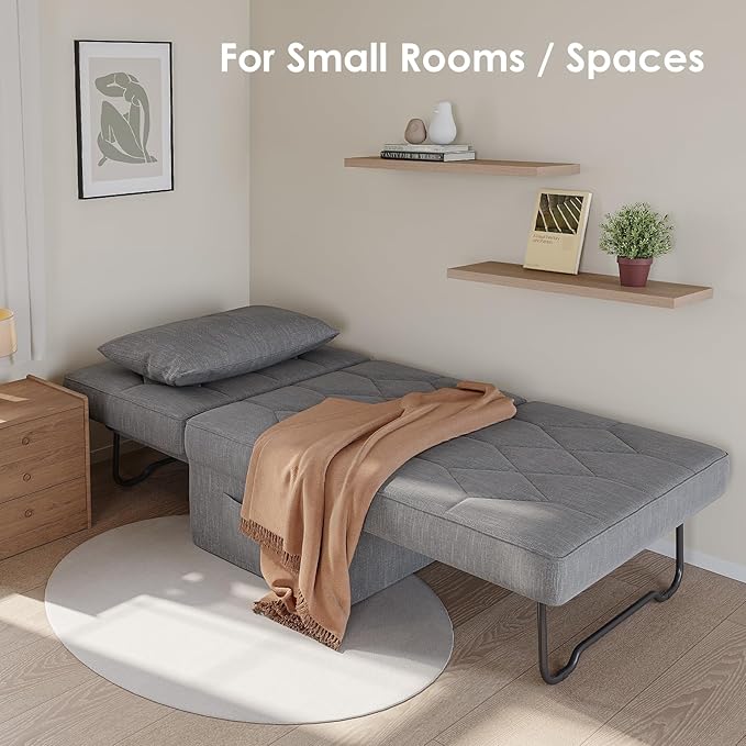Convertible Sofa Bed with 5-Level Adjustable Backrest 70 D x 34 W 4-in-1 Folding Ottoman Sleeper Chair Bed Modern Single Futon Couch for Living Room Apartment Dorm Small Space Light Grey
