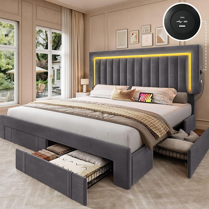 YITAHOME Queen Size Bed Frame with Adjustable Headboard 4 Storage Drawers and RGB LED Lights Velvet Upholstered Platform Bed with USB Ports No Box Spring Needed Fast Assembly Noise-Free Gray