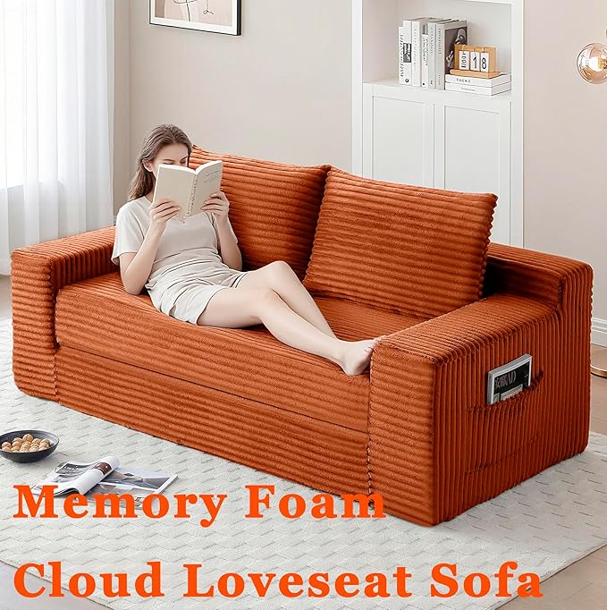 73 Cloud Loveseat Sofa Bed Orange - Boneless 2-Seater Couch No Assembly Convertible Folding 2-in-1 Design Small Space Corduroy Memory Foam Floor Lounge Couch for Bedroom Living Room (Orange)