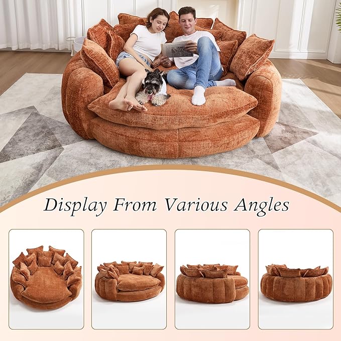 81.1W Oversized Round Chaise Lounge Chair Indoor Sofa Bed Extra Wide Round Couch for 2 People Oversized Chair with 14 Pillows Comfy Cloud Reading Couch Fluffy Sleeper Sofa for Living Room (Orange)