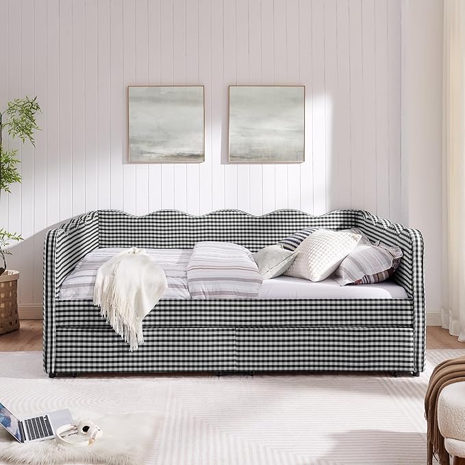 Cozy Gingham Daybed with 2 Drawers Queen Size Sofa Bed No Box Spring Needed with USB Port and Adorable Wave Shaped Linen Fabric Navy (Black+Queen+2 Drawers)