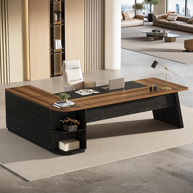 Tribesigns 79-Inch Executive Desk Large Office Desk with Cabinet L-Shaped Compter Desk with Storage Shelves Writing Table for Home Office Brown and Black
