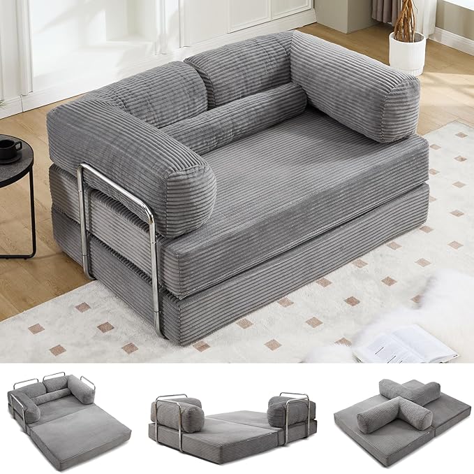 5-in-1 Convertible Sofa Bed 79 Corduroy Folding Sleeper Couch Bed with Steel Frames Boneless Foldable Floor Sofa Bed for Living Room Guest Room No Assembly (Grey)