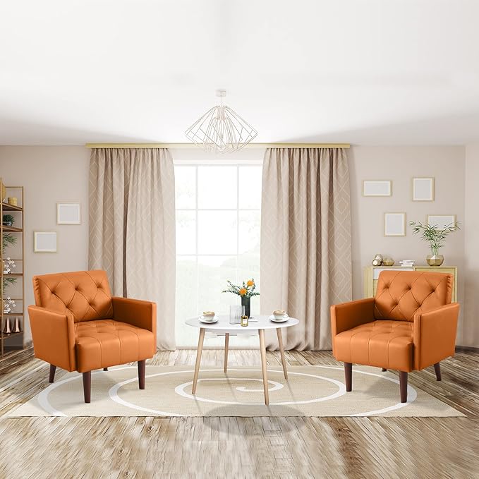 Leather Accent Chair Mid Century Modern PU Leather High Back Armchair for Living Room Chairs with Solid Wood Legs for Small Spaces Bedroom Office (Orange 29.1 x 25.6 x 31.1)