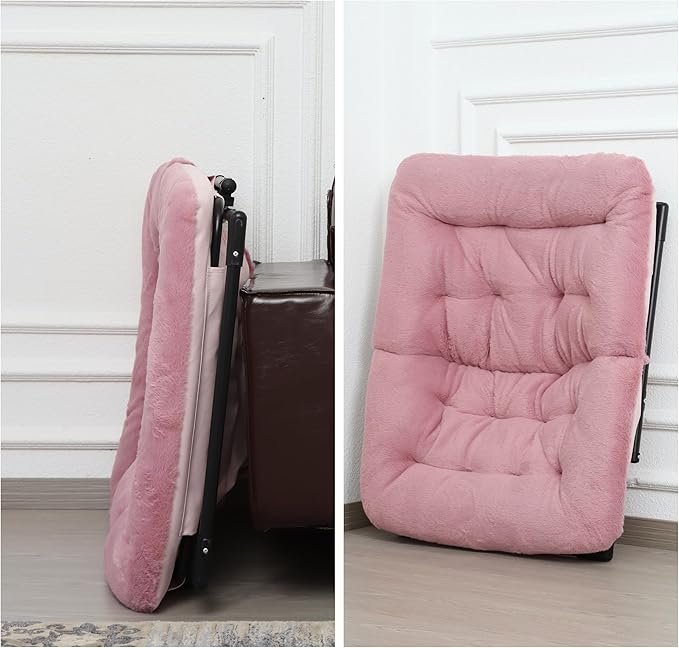Comfy Saucer Chair for Adults Soft Faux Fur Bedroom Chair with Ottoman Accent Dorm Chairs Living Room Reading Chairs and Footstool Folding Seat for Teens X-Large Dusky Pink