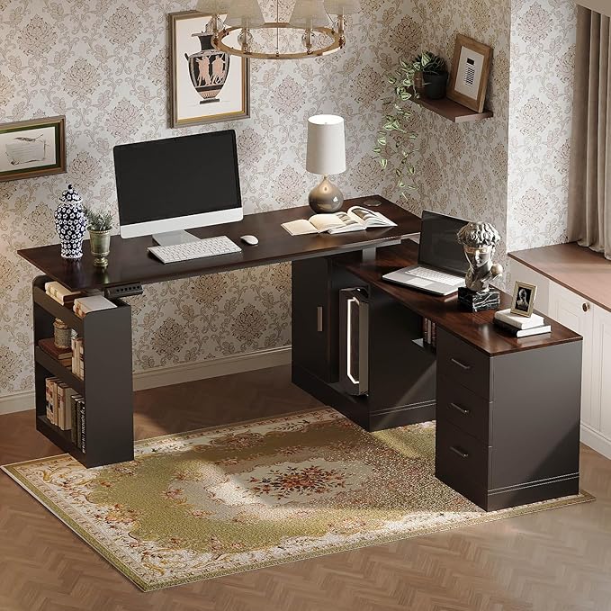 63 Large Electric Standing Office Desk with Drawers Modern Executive Deep L Shaped Computer Raising Stand up Desk with Shelves Storage for Home Office Adjustable Height Black &amp Brown