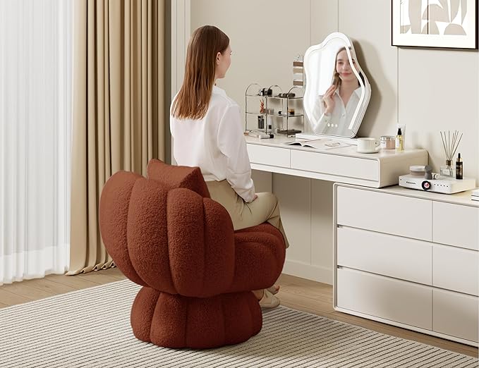 Teddy Fleece Swivel Vanity Chair - Armless Padded Accent Desk Chair for Bedroom Living Room Orange