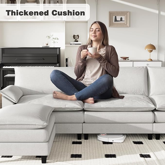 Flamaker Modular Sectional Sofa Couch Fabric Reversible L Shaped Sofa Couch Cloud Couch with Ottoman 3-Seat Sectional Sofa Couches for Living Room Apartment(White)