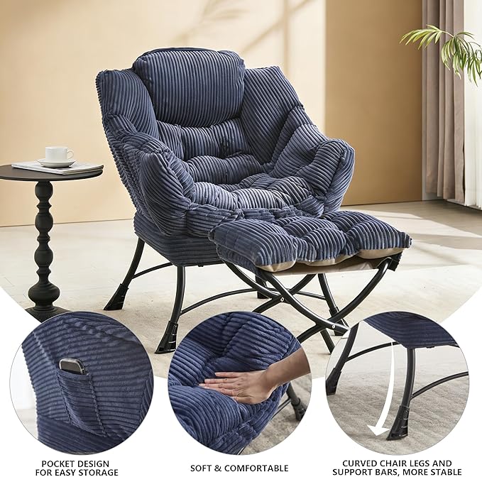 Bellemave Lazy Chair with Ottoman Lounge Accent Chair with Armrests and Side Pocket Leisure Upholstered Sofa Chairs with Footrest for Small Space Reading Chairs for Living Room Bedroom (Navy Blue)