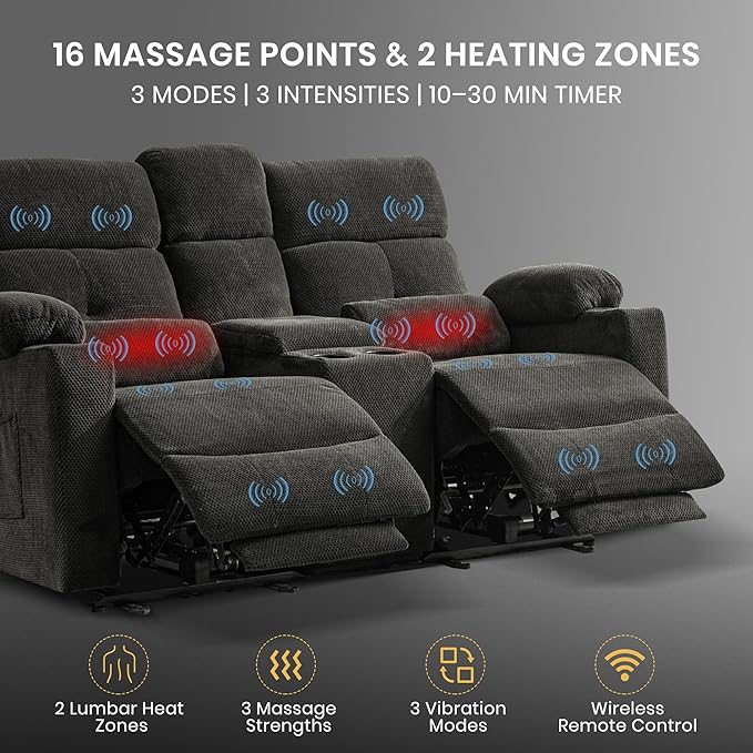 68 Power Reclining Loveseat with Heat &amp Massage Wall Hugger Double Reclining Sofa with Console Cup Holders &amp Storage Power Recliner Couch for Camper Trailer RV Home Theater Living Room