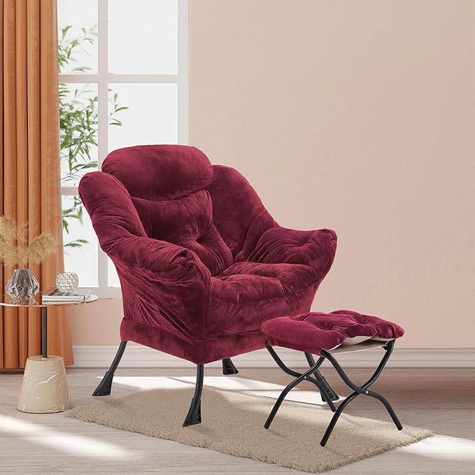 Lazy Chair with Folding Ottoman Accent Chair Plush Upholstered with Metal Structure and Non-Slip Pads Sofa Armchair with Footrest and Side Storage Bag for Dorm Room Office Rose Red