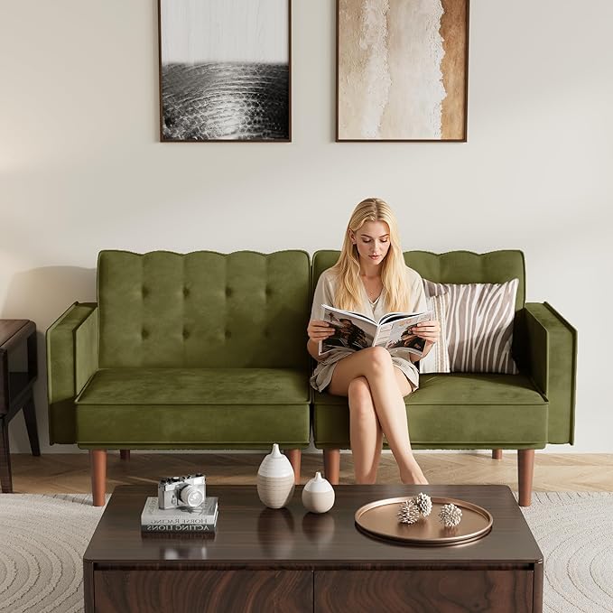 71 Velvet Futon Sofa Bed Versatile Loveseat Couch Sleeper Sofa with Adjustable Backrest Mid Century Modern Futon Couch for Small Space Living Room Office &amp Apartment Velvet Fabric Green