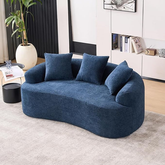 65 Curved Loveseat for Small SpacesBoneless Loveseat SofaWood Grain Chenille Fabric No Installation Requirement Curved Sofa Couch for ApartmentLiving RoomOffice (Blue 65)