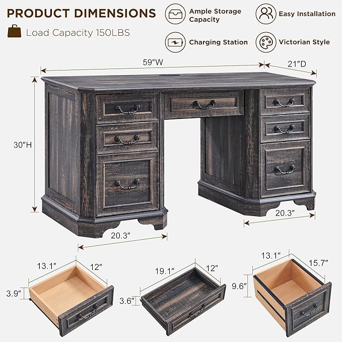 T4TREAM 59 Farmhouse Executive Desk with DrawersWood Home Office Computer Desk Featuring Keyboard TrayCharging StationFile Drawer Storage Cabinetfor Work and Study (Dark Rustic Oak)