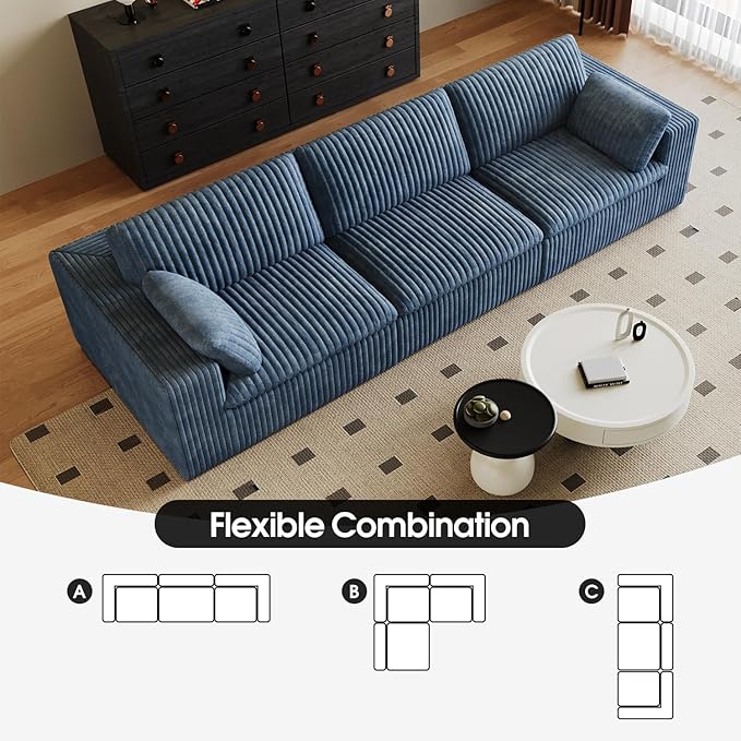 78.8 LoveSeat Cloud Sofa - Modular Sectional Couch with Modern Deep Seat: Plush Corduroy Upholstered for Living Room Bedroom Apartment &amp Small Spaces - No Assembly Required (Blue 3 Seater)