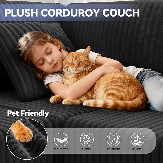 135 U Shaped Boneless Couch Oversized Boneless Sectional Couches for Living Room Large Modular Sofa with Ottoman Plush Corduroy Couch with Deep Seat Chaise No Assembly Black