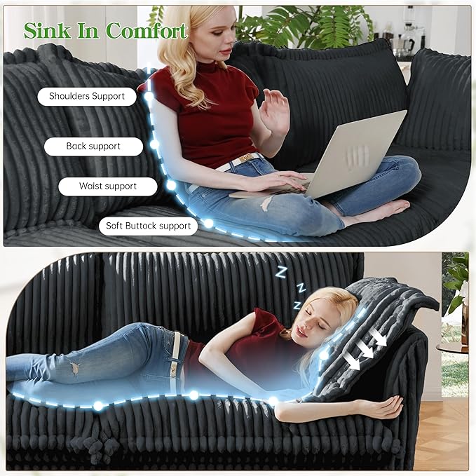 Modular Accent Armchair with Ottoman and Pillows Soft Corduroy Lounge Chair for Living Room Bedroom or Reading Nook – Oversized Chaise Lounge Design (Grey Chair+Ottoman)