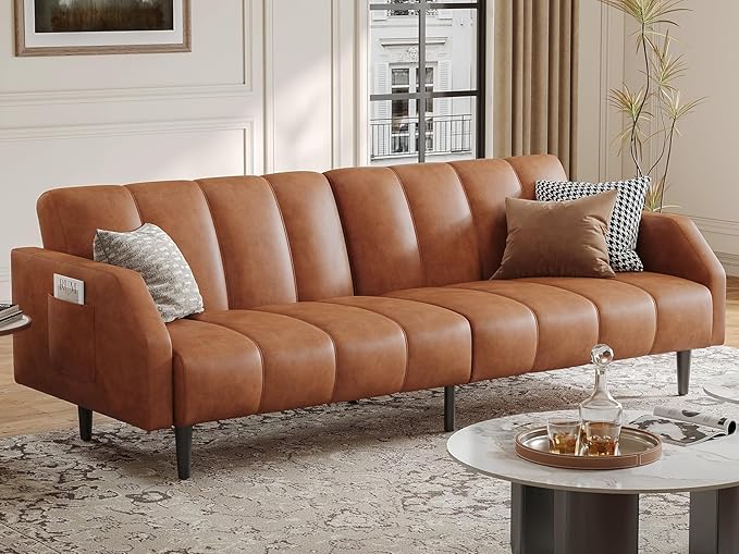 Fadware Faux Leather Couch Convertible Futon Sofa Bed with Adjustable Backrest Mid Century Leather Sofa Loveseat with Side Pockets&amp Metal Leg Modern Leather Sleeper Sofa for Living Room Bedroom