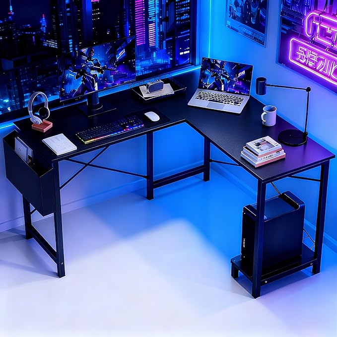 OLIXIS L Shaped Desk 50-Inch Office Computer Gaming Desks Corner PC Table with Side Bag and Reversible Shelf for Home Work Study Writing Black
