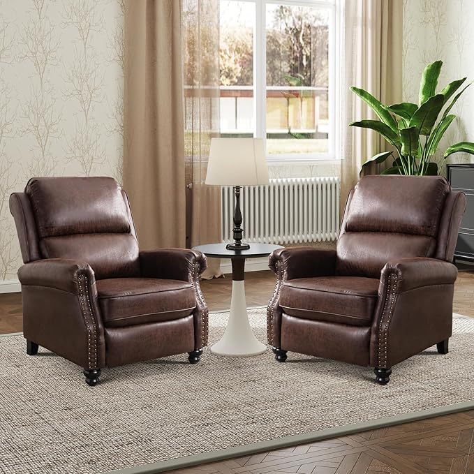 Push Back Recliner Chair Faux Leather Lounge Armchair with Rivet Decoration Wingback Single Sofa Chair with Padded Seat Solid Wood Legs for Living Room Comfy Upholstered Set of 2 Red Brown