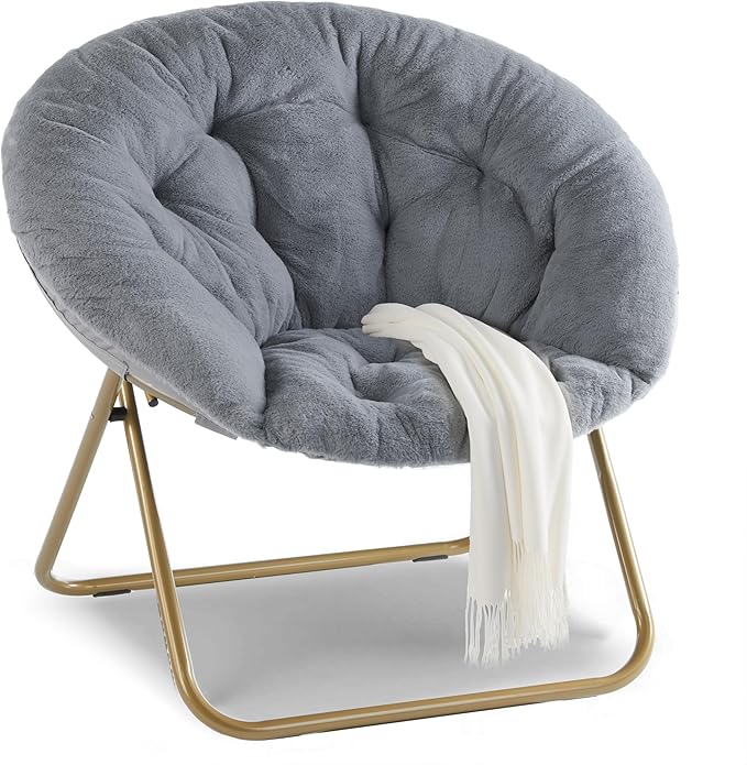 Saucer Chair Comfy Faux Fur Folding Moon Chair with Metal Frame Cozy Round Chair Lounge Lazy Chair for Living Room Bedroom Adults Kids Teens Grey
