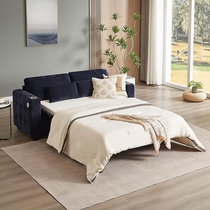 ONBRILL Pull Out Sofa Bed Chenille Full Size Sleeper Sofa Bed with Cup Holder and USB Port 76 inch Couch Bed with Memory Foam Button Tufting Loveseat Couch for Living Room Blue
