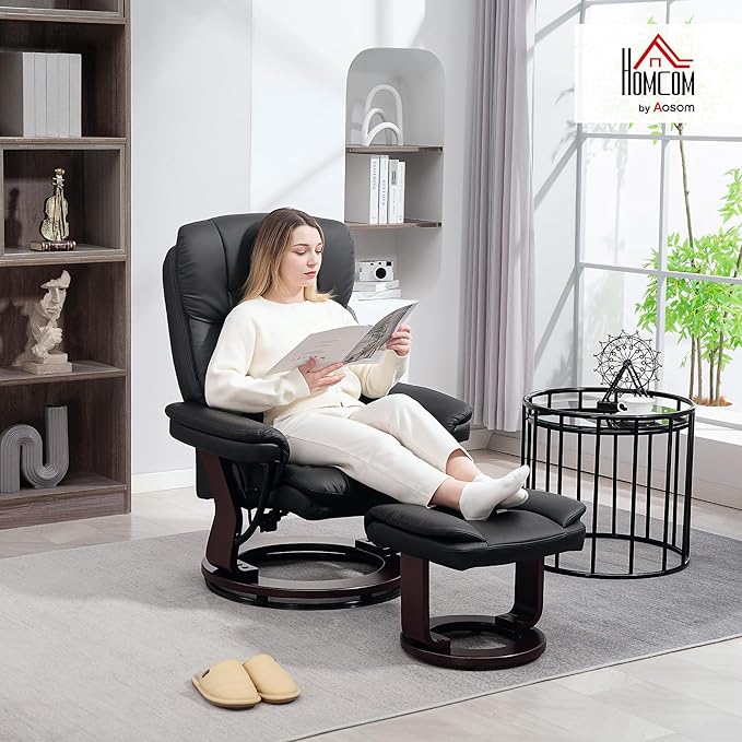 HOMCOM Recliner Chair with Ottoman PU Leather Swivel Recliner with Comfy Footrest Upholstered Adjustable Living Room Chair and Ottoman Set Black