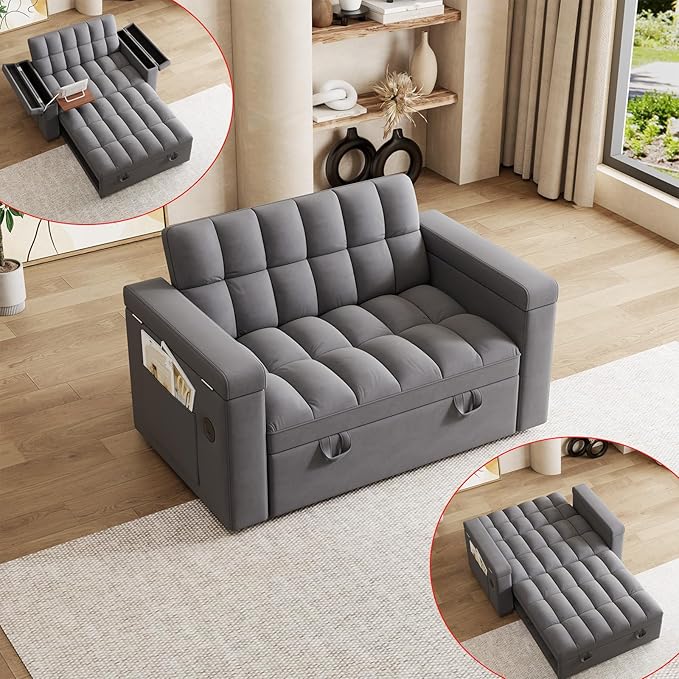 65 Modern Velvet Double Sofa 3 in 1 Foldable Computer Desk Sofa Bed with Adjustable Backrest Storage Bag and Pillow Hidden Living Room Laptop Desk with USB Port (Dark Gray)