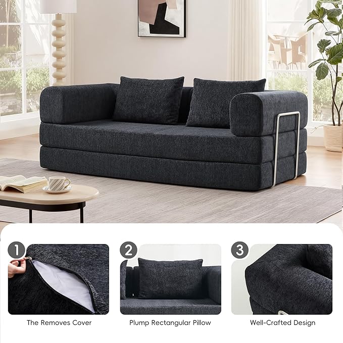 5-in-1 Convertible Folding Sofa Bed 79 Queen Chenille Boneless Couch with Removable Armrests No Assembly Loveseat Sleeper Sofa Modular Futon Couch for Living Room &amp Bedroom (Black)