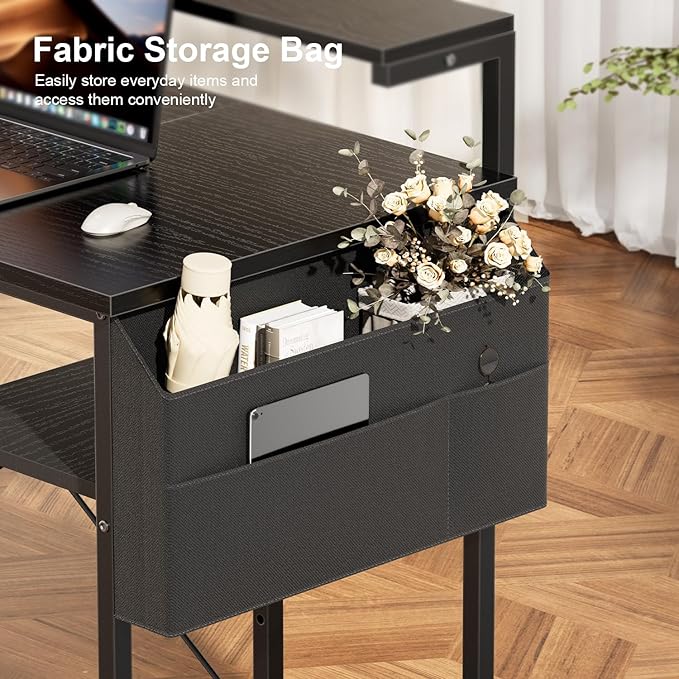 HLDIRECT Computer Desk with LED Lights 47Inch Gaming Desk with Monitor Stand &amp Side Storage Shelves Writing Study Table with Storage Bag for Home Office and Bedroom Black