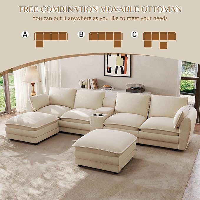 145'' Oversized Modular Sectional Sofa U Shaped Cloud Sectional Couches for Living Room Deep Seat Sofa with Central Console USB Port Cup Holders Movable Ottomans (Beige White)