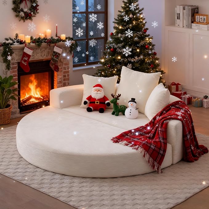 67'' Circular Convertible Compressed Sofa Bed White Corduroy Floor Lounge Round Boneless Couch Loveseat Sleeper Sofa Couch with 3 Cushions No Assembly for Apartment Bedroom