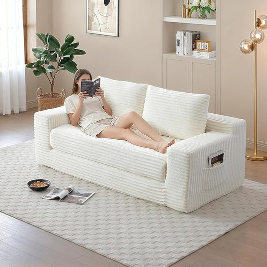73 Convertible Sofa Bed Pull Out Boneless Loveseat Sleeper Sofa Corduroy Foldable Couch Bed with Storage Bag No Assembly Couch in a Box for Living Room Apartment (Beige)