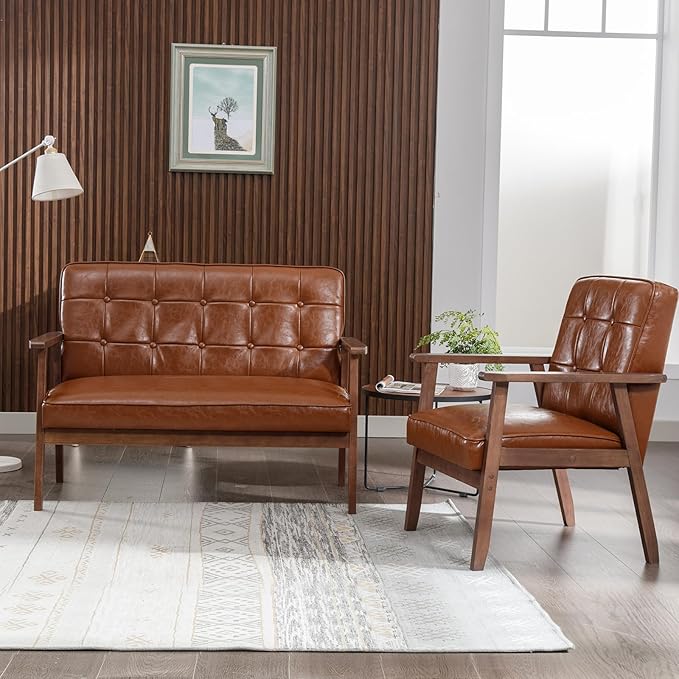 Okeysen Modern Loveseat Sofa SetUpholstered Leather Couch Love Seats 2-Seat &amp Accent ChairLiving Room Furniture SetsSmall Couches for Small Spaces Living RoomApartmentOffice(Brown)