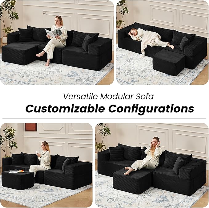 HOMREST 102 Cloud Couch Sectional L Shaped Modern Sofa with Ottoman Comfy Corduroy Fabric Modular Sectional Sofa in a Box Boneless Couches for Living Room No Assembly Required (Black)