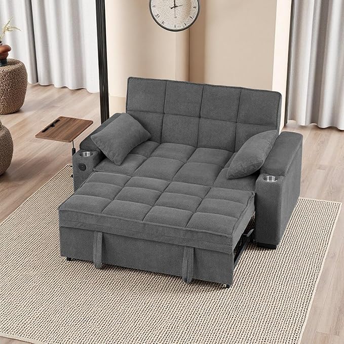 65'' Convertible Sleeper Sofa BedExtra Thick Cushion Polka dot Velvet Pull Out Futon Couch with Storage handrails &amp Rotating Side TablesConvertible Sofa Couch for Living RoomRV (07S-dark gray)