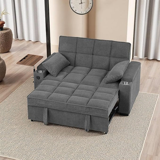 65'' Convertible Sleeper Sofa BedExtra Thick Cushion Polka dot Velvet Pull Out Futon Couch with Storage handrails &amp Rotating Side TablesConvertible Sofa Couch for Living RoomRV (07S-dark gray)
