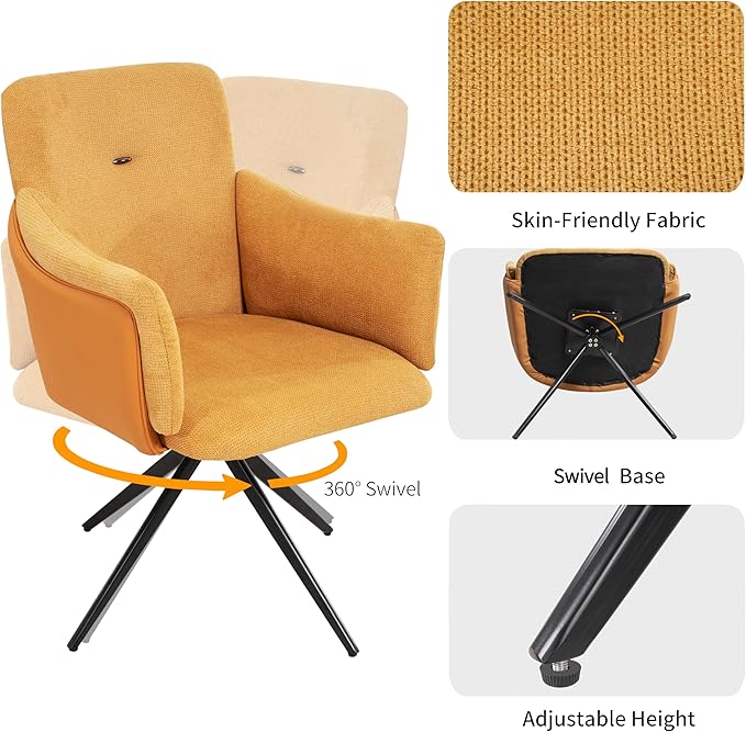 KEIKI 360° Swivel Home Office Desk Chairs Set of 2Modern Dining Chairs with Arm Upholstered Bedroom Chairs with Metal BaseMakeup Chair for Vanity Living Room Bedroom Orange