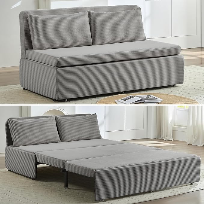 PUREMIND 3-in-1 Queen Size Pull Out Sofa Bed Convertible Corduroy Couch with Pillows and 3.9 Memory Foam Mattress Loveseat Sofa-Bed for Living Room Apartment (Light Grey)