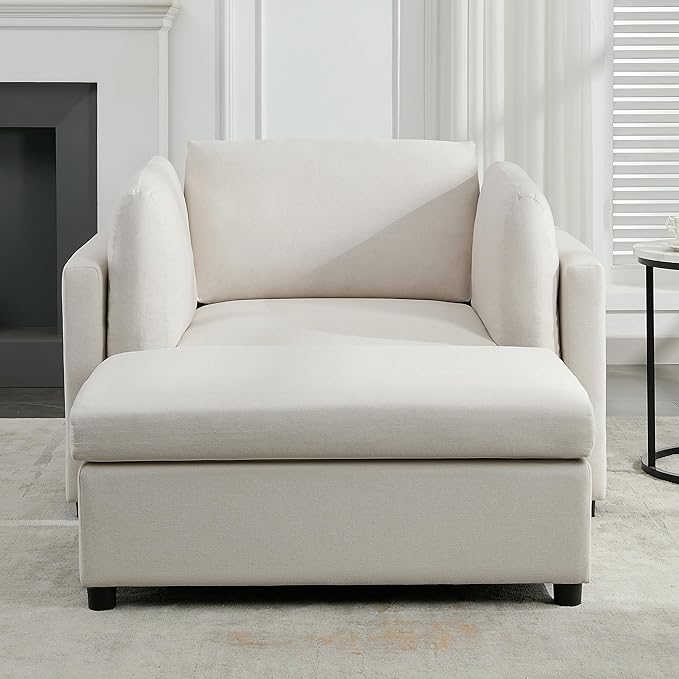 Modern Chenille Oversized Armchair with Ottoman 50.4 Wide Accent Chair Luxurious Linen Fabric Single Sofa Chair with Pillows and Wide Armrests Living Room Apartment Offices (Cream-50.4'')