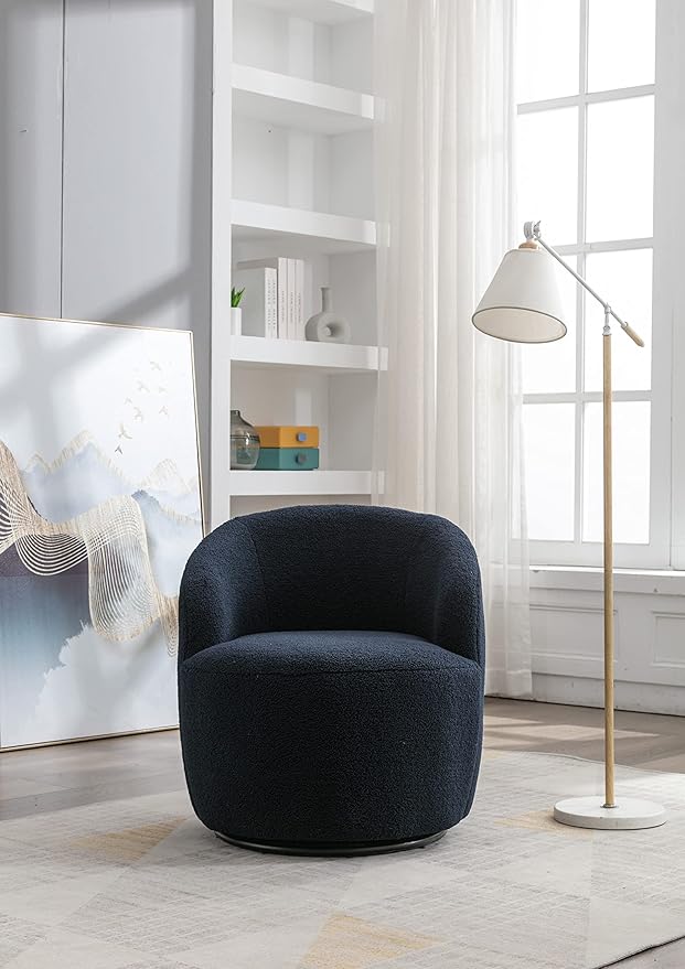 kevinplus Swivel Barrel Chair Accent Armchair for Living Room Bedroom 360 Degree Modern Round Upholstered Single Sofa Couch Chair Cozy Small Swivel Chair for Apartment Teddy Fabric Dark Blue