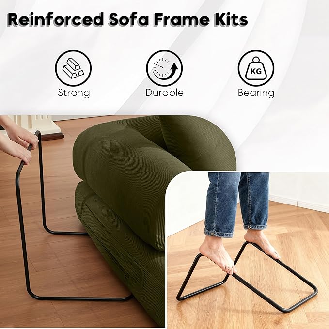Convertible Sleeper Sofa Bed with Cylindrical Pillow Corduroy Folding Boneless Couch with Fixed-Shape Frame Comfy Floor Sofa Couch for Living Room No Assembly Required Green