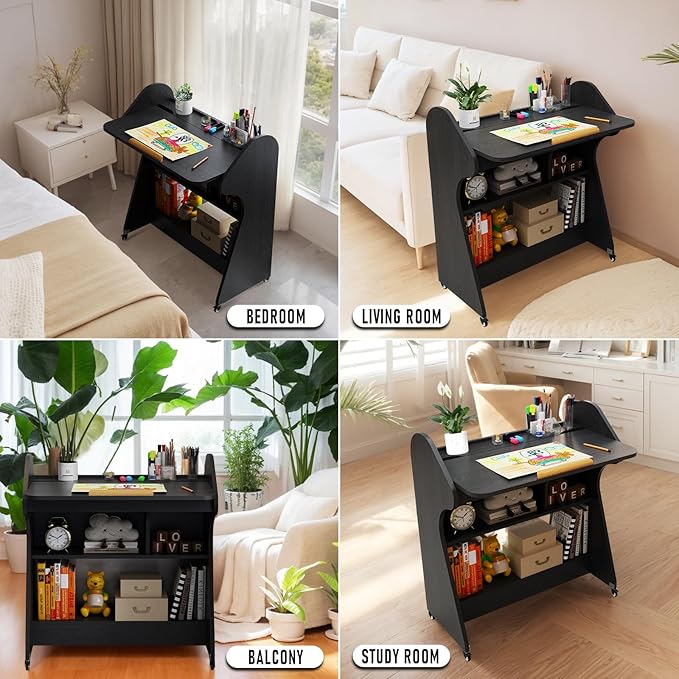 Pmnianhua Portable Mobile Desk on Wheels with Adjustable Angle TaletopHome Office DeskRolling Computer Desk with Wheels and Storage for Home Office Small Space(Black)