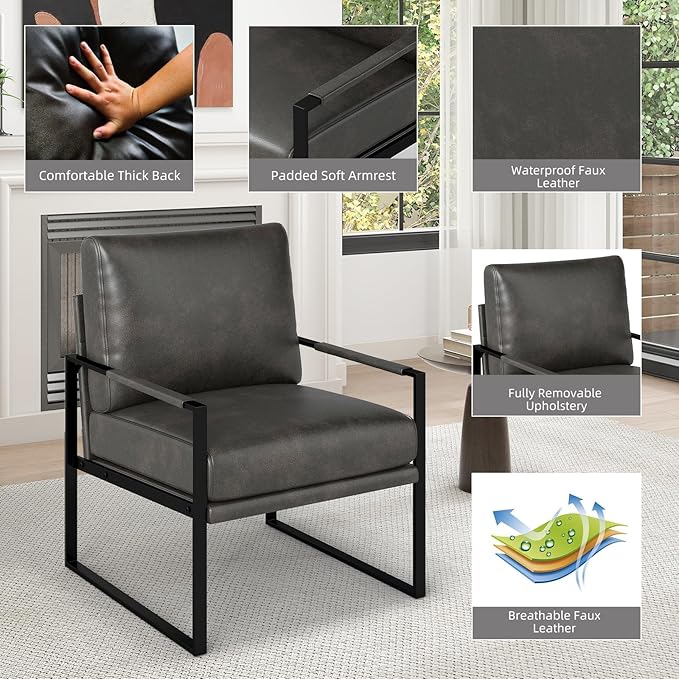 Mid Century Modern Faux Leather Accent Chair Set of 2 Metal Framed Armchair with Extra Soft Removable Seat Cushion &amp Backrest for Living Room Bedroom Waiting Room Easy to Clean (2 Dark Grey)