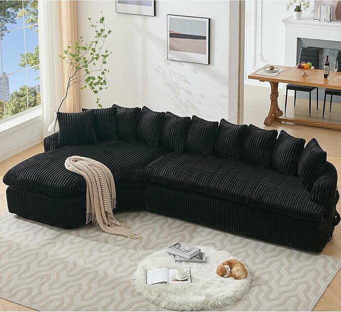 WILLIAMSPACE 127 Oversize Curved Sectional Sofa Foam Couch for Living Room Modern Upholstered Floor Foam Sofa L-Shape Curved Couch 5 Seater Sofas with 10 Cushions Corduroy Left-Facing Black