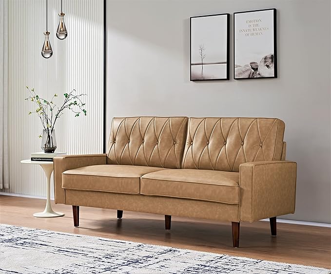 Container Furniture Modern Style Faux Leather Sofa with Elegant Round Tapered Legs and Button Tufted Backrest Perfect for Living Room Bedroom or Home Office 69.3’’ Wide Camel