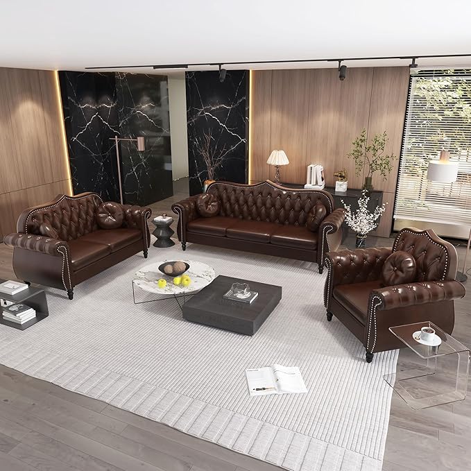 AVZEAR 82 Three Seater Sofa Chesterfield Sofa Mid-Century Modern PU Upholstered Sofa Deep Button Tufted Living Room Sofa with Two Throw Pillows Brown