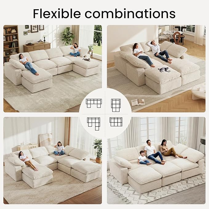 KKL 150 U Shaped Sectional Modular Boneless Sofa 6 Seater Cloud Couch with Ottoman Corduroy Sectional Couches for Living Room Bedroom Beige